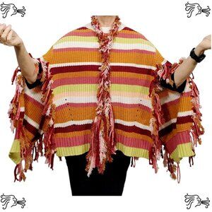 Upcycled Orange Burgundy Stripe Sweater Poncho Handknotted Fringe Crochet Scarf
